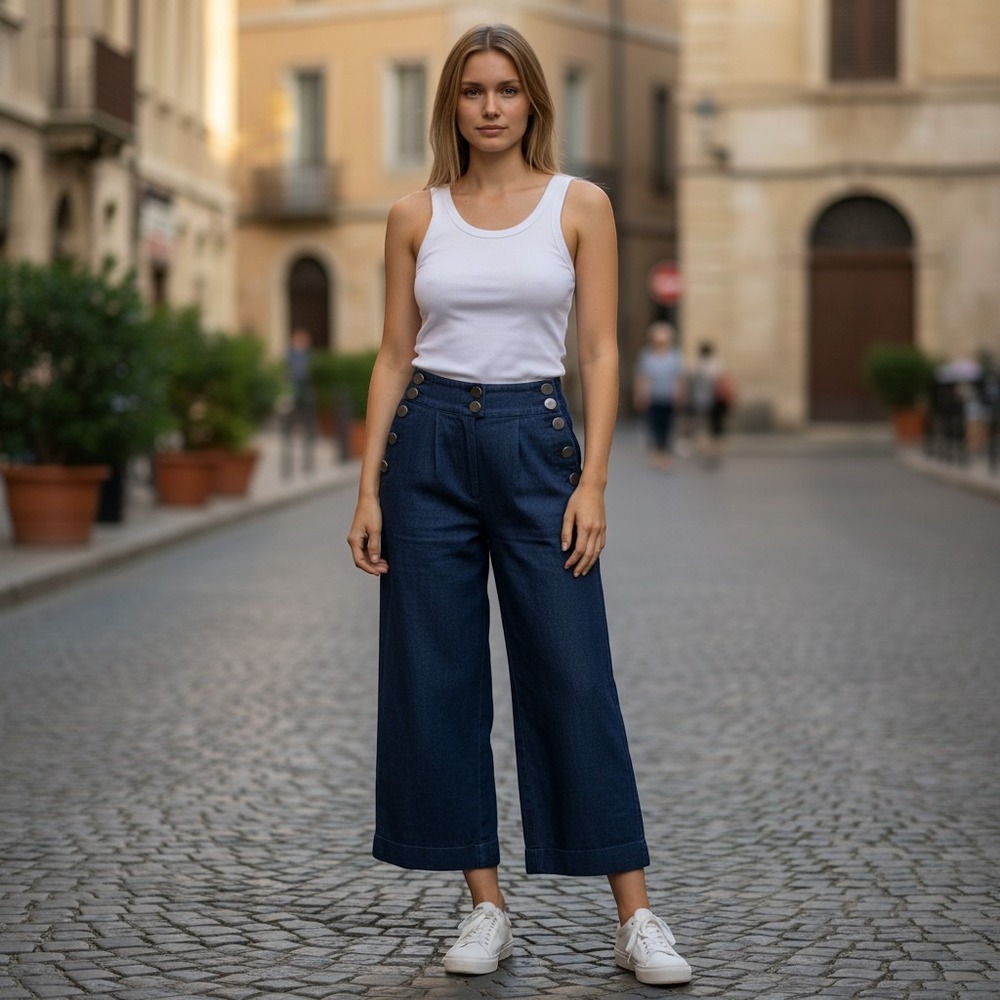 Moussy Wide Leg Sailor Navy Blue Cotton Linen Sailor Pants High Waist Size 1 XS